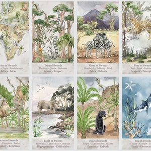 May include: A set of ten watercolor tarot cards featuring animal illustrations and descriptions of each card. The cards are arranged in two rows of five cards. Each card features a different animal, such as a zebra, a leopard, a monkey, a hippopotamus, and a shark. The cards are all set against a background of watercolor washes.