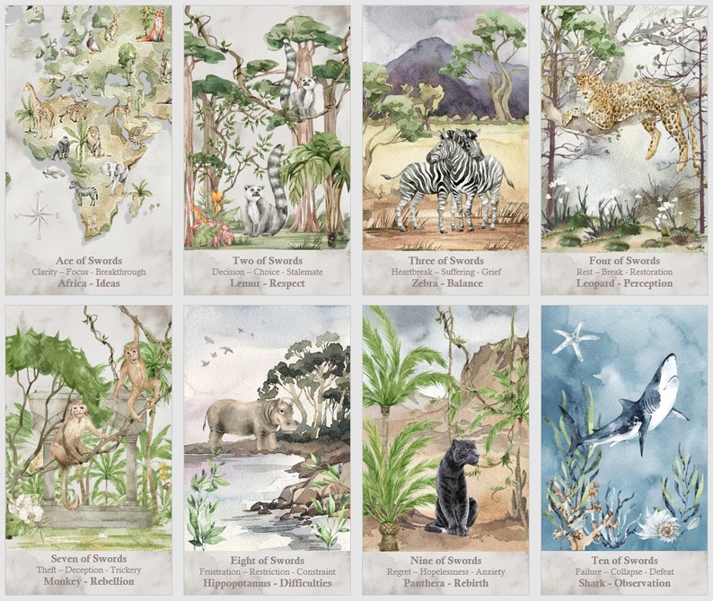 May include: A set of ten watercolor tarot cards featuring animal illustrations and descriptions of each card. The cards are arranged in two rows of five cards. Each card features a different animal, such as a zebra, a leopard, a monkey, a hippopotamus, and a shark. The cards are all set against a background of watercolor washes.