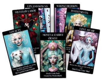 Baraja de cartas del Oráculo del Dinero y la Carrera. Arte surrealista.