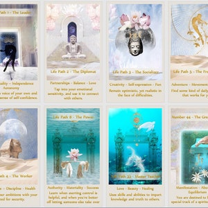Puede incluir: Una ilustraci&oacute;n colorida de diez cartas con diferentes caminos de vida y n&uacute;meros. Cada carta presenta una imagen &uacute;nica y un texto que describe las caracter&iacute;sticas del camino. Las cartas est&aacute;n dispuestas en una cuadr&iacute;cula de dos filas y cinco columnas.