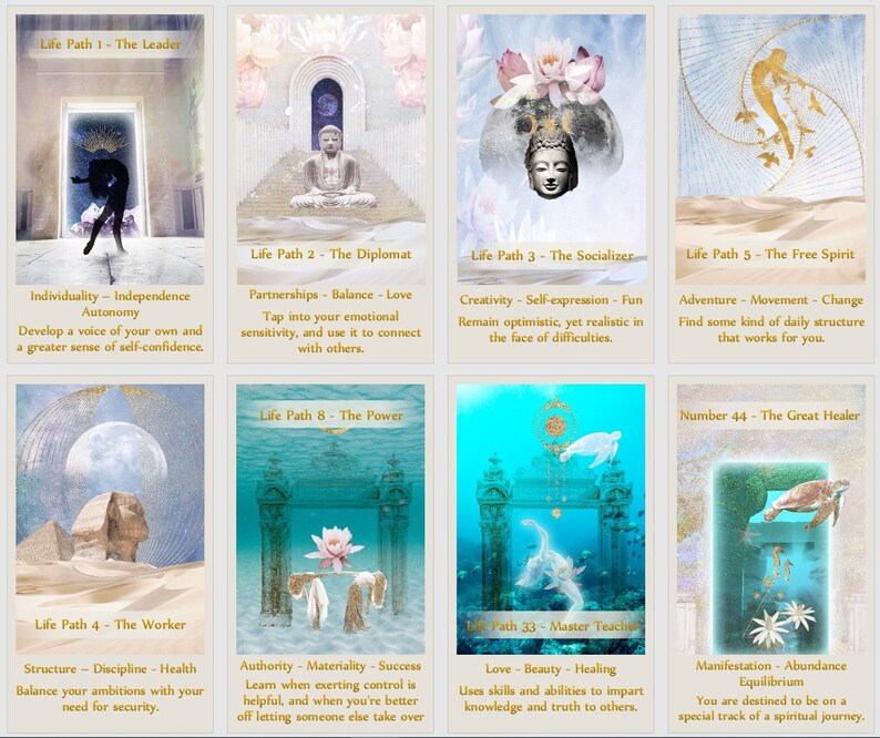 Puede incluir: Una ilustraci&oacute;n colorida de diez cartas con diferentes caminos de vida y n&uacute;meros. Cada carta presenta una imagen &uacute;nica y un texto que describe las caracter&iacute;sticas del camino. Las cartas est&aacute;n dispuestas en una cuadr&iacute;cula de dos filas y cinco columnas.