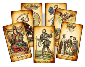 May include: A collection of vintage-style tarot cards with illustrations and text. The cards feature images of figures, symbols, and the words "THE EMPRESS", "THE LOVERS", and "SHADOWS OF ANTIQUITY TAROT". The cards have a sepia tone.