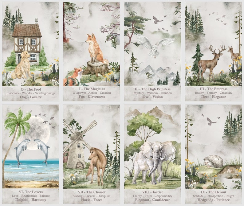 May include: A set of 10 watercolor tarot cards featuring various animals and symbols. The cards are arranged in two rows of five. The cards are on a light gray background with a watercolor effect.