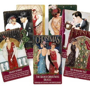 May include: A collection of vintage-style oracle cards featuring art deco illustrations. The cards showcase flapper-era figures in elegant attire, with text that reads "Christmas", "Golden Sunrise", and "The Sparkling Tree".