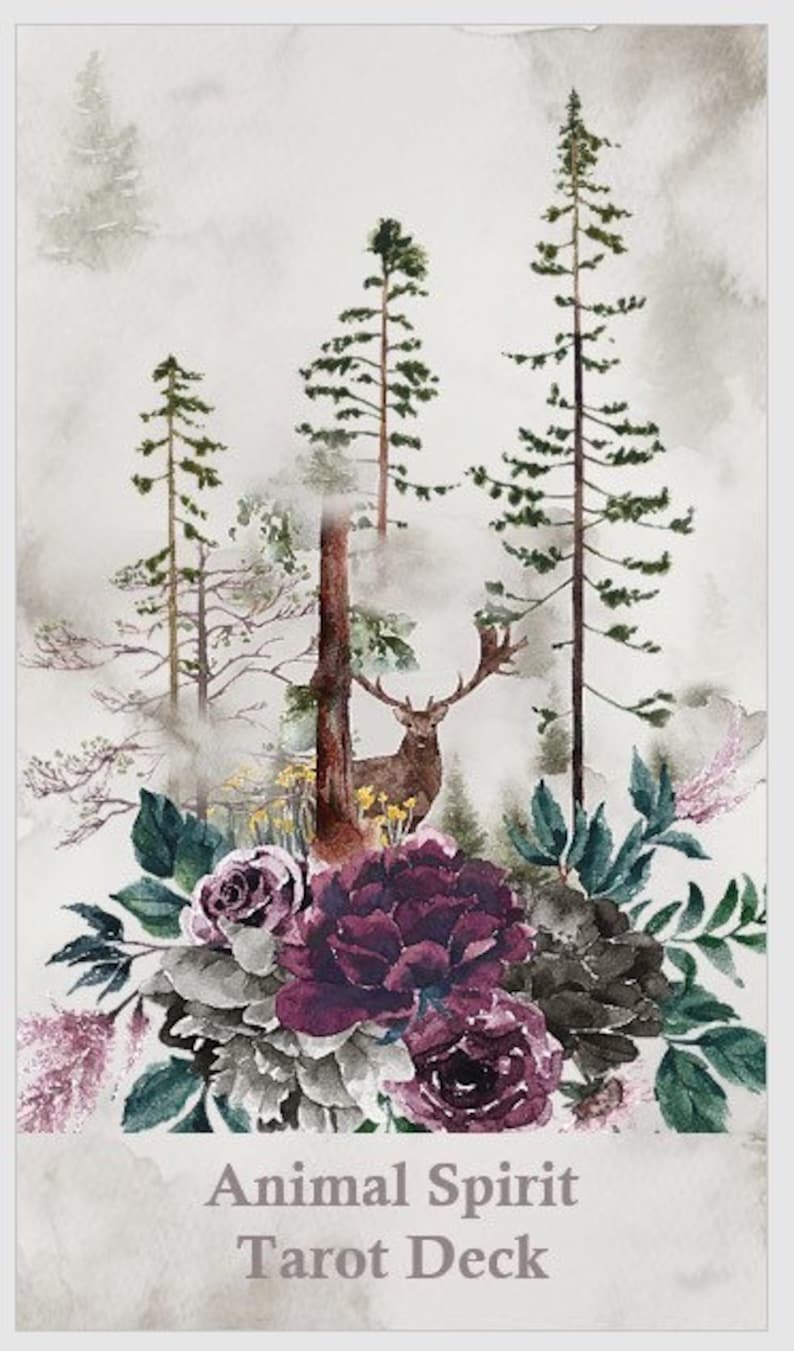 May include: A watercolor illustration of a deer in a forest setting with a floral border. The text "Animal Spirit Tarot Deck" is at the bottom of the image.