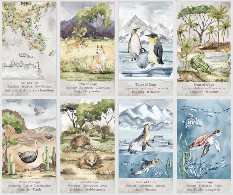 May include: A set of ten watercolor tarot cards featuring animals native to Australia and Antarctica. Each card depicts a different animal and has a title and description of the card's meaning. The cards are part of a larger set of tarot cards.