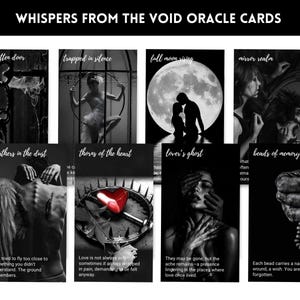 Baraja de Oráculo Susurros del Vacío. Cartas de oráculo en blanco y negro.