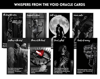May include: A set of ten oracle cards with black and white illustrations and text. The cards feature themes of love, loss, memory, and the unknown. The card titles are "The Forgotten Door", "Trapped in Silence", "Full Moon Rising", "Mirror Realm", "Feathers in the Dust", "Thorns of the Heart", "Lover's Ghost", "Beads of Memory".