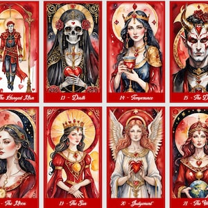 Carte dei Tarocchi dell'Amore. Mazzo di Tarocchi per San Valentino. Tarocchi ad acquerello