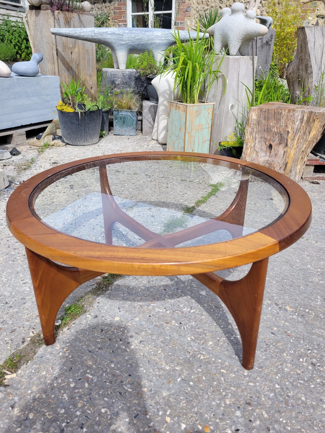 Vintage 60s G Plan Glass & Teak Circular Round Coffee Table Mid Century