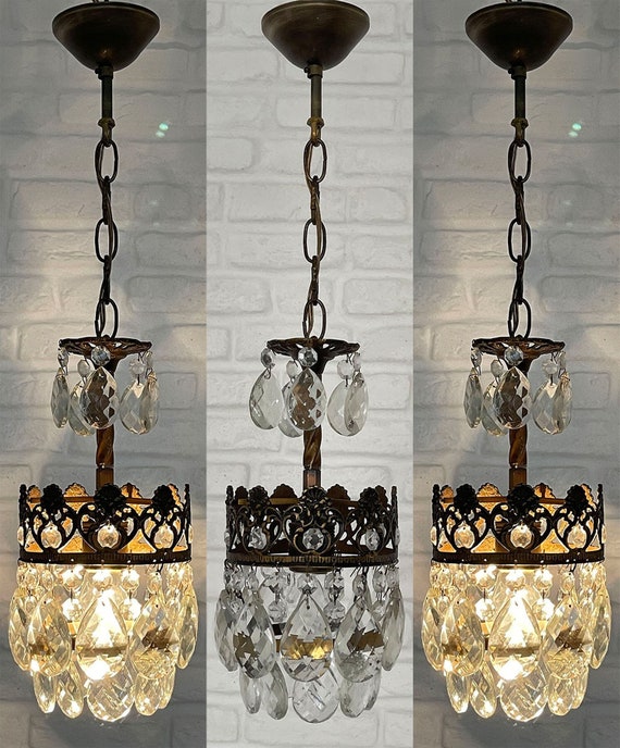 Three Matching Antique Vintage Brass Crystals Small Three Matching Antique Vintage Brass, Small Chandeliers Antique Brass