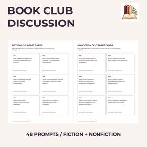 Book Club Questions Printable, 48 Fiction and Nonfiction Prompts with Host Guide PDF