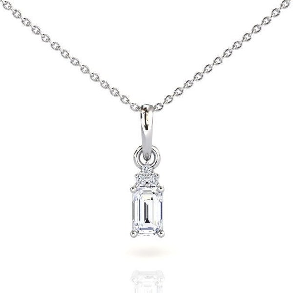 Small Moissanite And Diamond Pendant, Solid 14k White Gold Necklace, Minimalist Jewelry, Anniversary Gift Pendant, Emerald Cut Moissanite