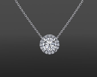 Moissanite Halo Necklace | Round Halo Pendant | Moissanite Pendant | Anniversary Gift | Bridesmaid Gift | Classic Pendant | Diamond Necklace