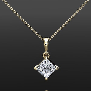 Moissanite Solitaire Pendant | Yellow Gold Necklace | Moissanite Pendant | Anniversary Gift | Bridesmaid Gift | Princess Cut Diamond Pendant