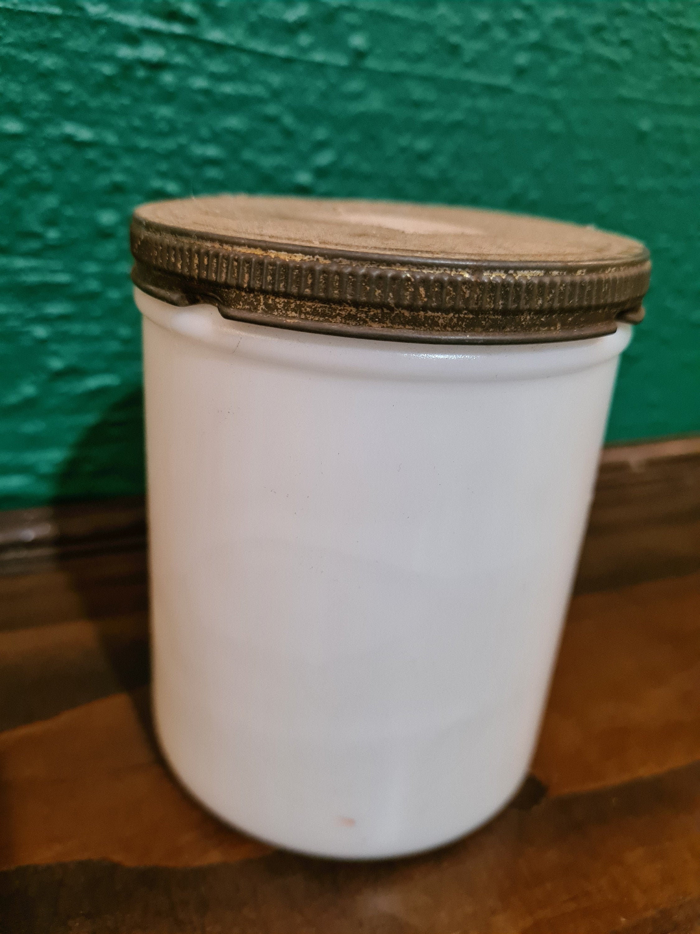 1940's Vegemite jar White opal glass with brass lid Etsy