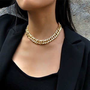 Chunky Choker Necklace - Thick Curb Cuban Chain - Short Simple Collar Link - Gold Gift - Silver Jewelry