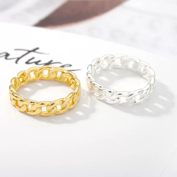 Curb Chain Ring in Gold, Silver - Thick Chain Ring - Stacking Ring - Long Link Ring - Stackable Ring - Minimalist Ring - Christmas Gift