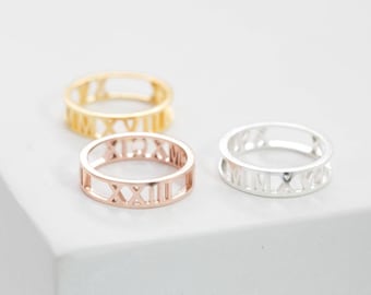 Personalisierter Namensring - Datumsring - Personalisierter römischer Ziffernring - Jahrestagsgeschenk - Roségold SilberRing