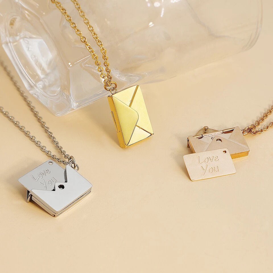 Hidden Custom Message Locket Necklace Envelope Text Love