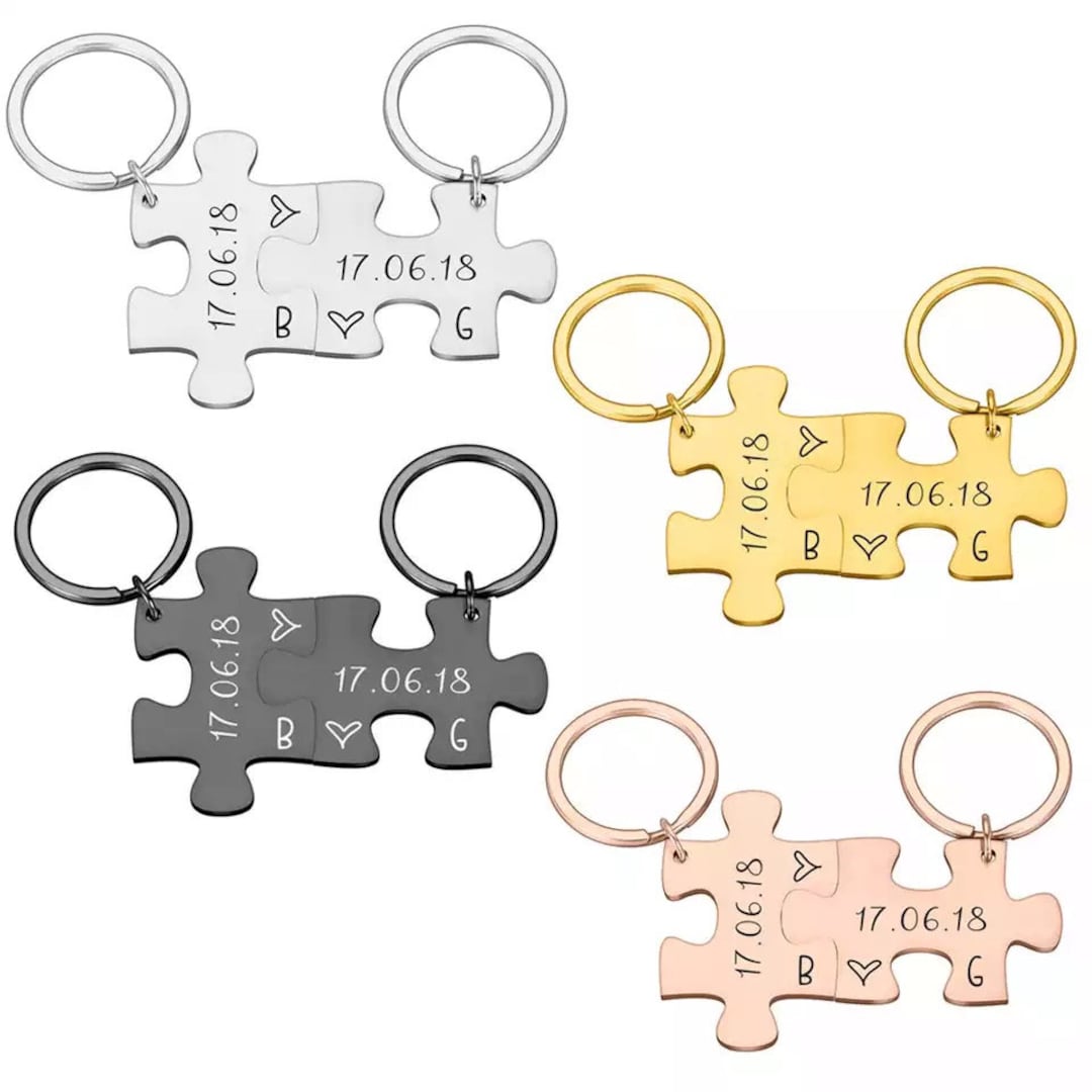 2x Bär Schlüsselanhänger Paar - Puzzle Design Metall Keychain