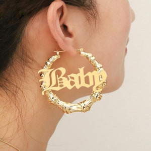 Custom Bamboo Hoop Earrings Customize Name Earrings Bamboo Style Personalized Earring Gift