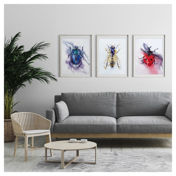 Aquarelle triptyque insectes libellule abeille jaune scarabée bleu coccinelle rouge nature peinture déco maison impression téléchargeable