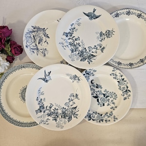 Antique dinner plates x6 – Terre de Fer mismatched pattern from French manufacture Diverse Set of 6 French Ironstone Dinner Plates