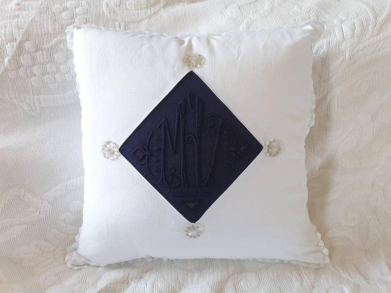 Coussin Ancien Brodé Home Made Upcycling Pièce Unique Made in France