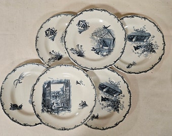 Assiettes plates anciennes X6 en terre de fer de la manufacture française Boulenger