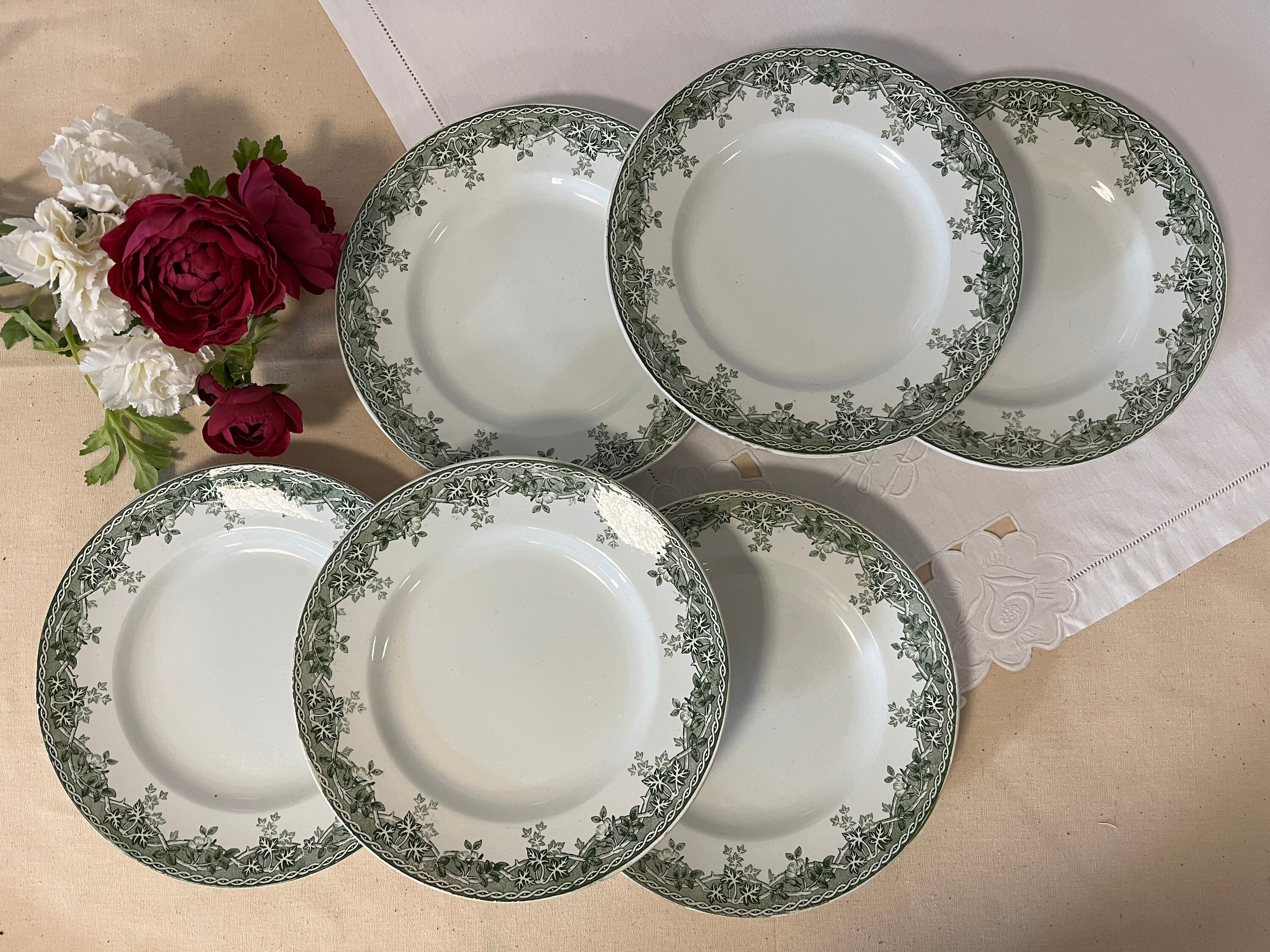 Assiettes Plates Anciennes X6 Terre de Fer Modèle Estival La Manufacture Française Saint Amand