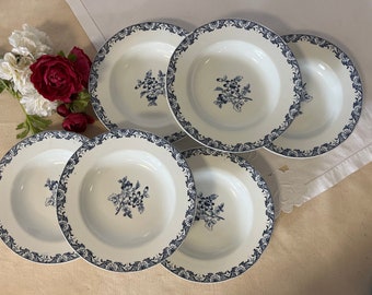 Assiettes creuses anciennes X6 terre de fer modèle "Moustier" de la manufacture française de Luneville