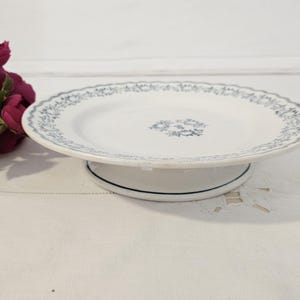 May include: A white ceramic cake stand with a blue floral design around the edge. The stand has a pedestal base.