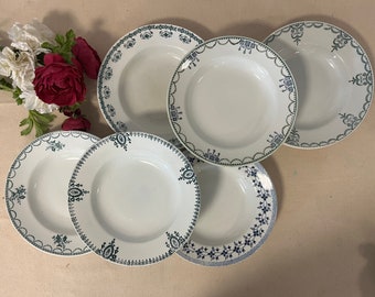 Assiettes creuses anciennes X6 en terre de fer modèle Dépareillé de manufacture française diverses