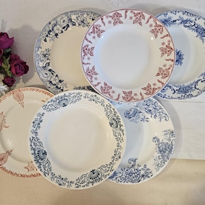 Antique dinner plates x6 – Terre de Fer mismatched pattern from French manufacture Diverse Set of 6 French Ironstone Dinner Plates