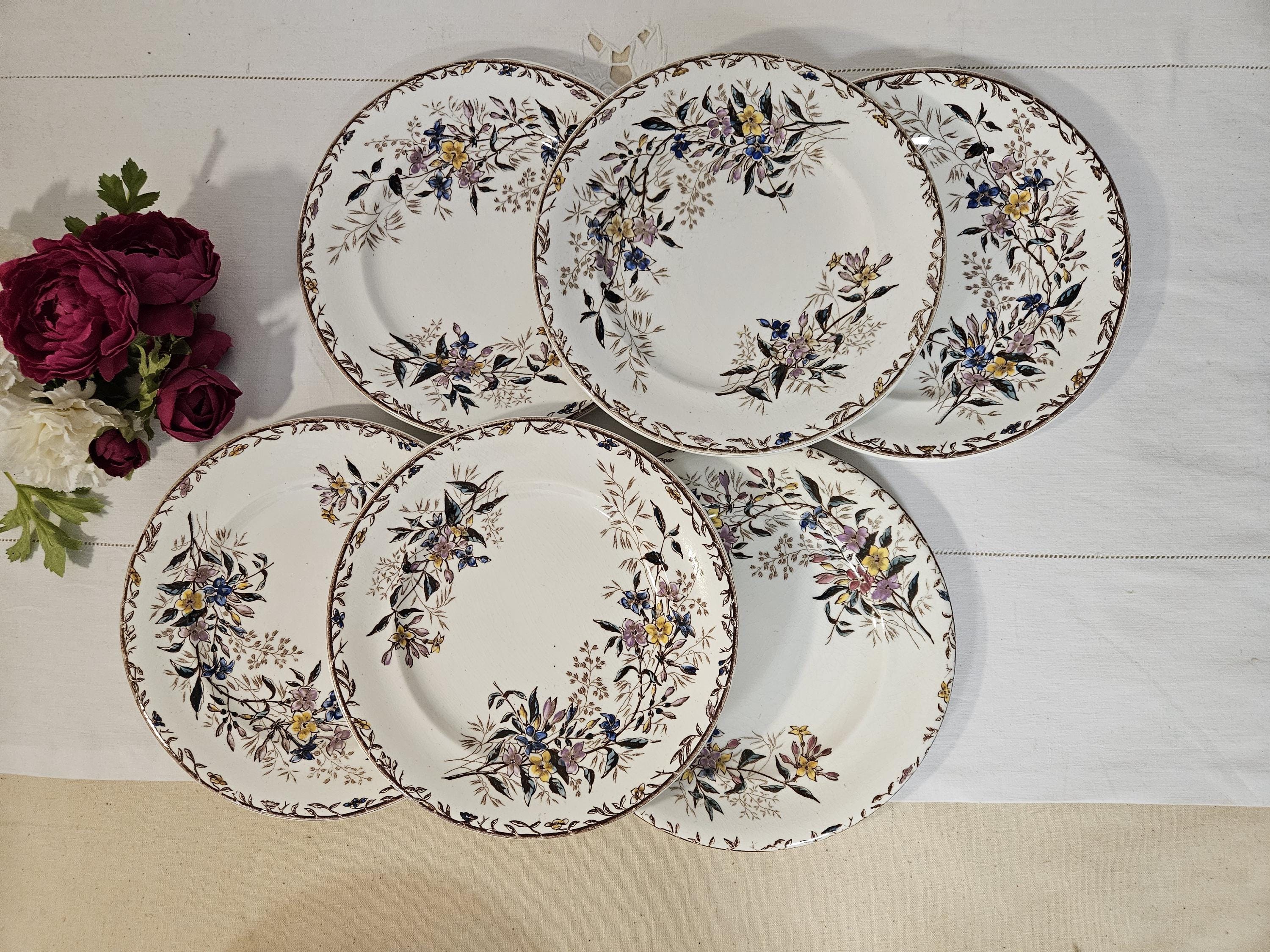 Antique dinner plates x6 – Terre de Fer model "Jasmin" from the French manufacturer Clairfontaine Set of 6 French Ironstone Plates