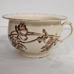 Peut inclure: Pot de chambre ancien de couleur crème avec un motif floral marron. Le pot en céramique a une forme arrondie, une anse et un large bord. Le motif floral comprend des feuilles et des fleurs, pour un style vintage.