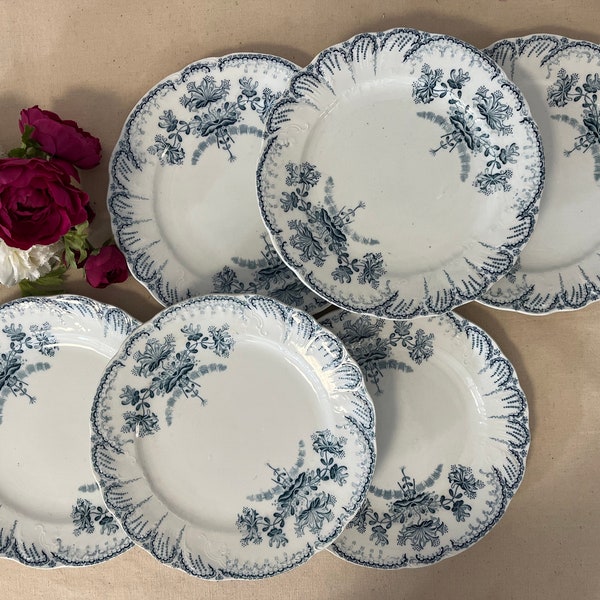 Assiettes plates anciennes X6 en terre de fer modèle "Régence" de la manufacture francaise de Saint Amand