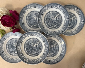 Antique flat plates x6 – Terre de Fer model "Yeddo" from the French manufacturer of Sarreguemines Set of 6 French Ironstone Plates