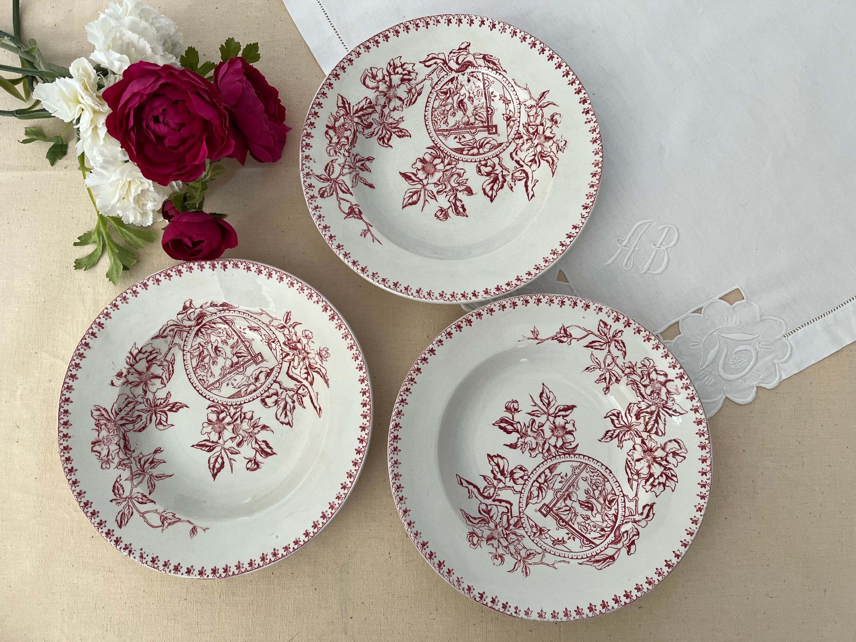 Assiettes Creuses Anciennes X3 en Terre de Fer Rose La Manufacture Francaise Lebacqz Bouchart Saint 