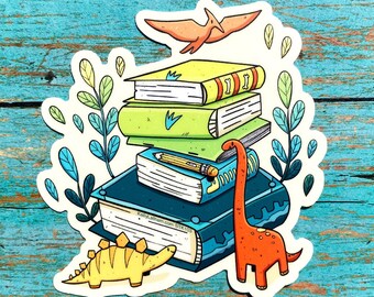 Dinosaur Book Stack Sticker, Cute Reading Dino Vinyl Decal, Book Lover Gift, Laptop Water Bottle Planner Sticker