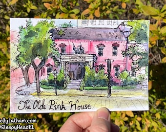 Olde Pink House Postcard Savannah Georgia Watercolor Historic Home Souvenir