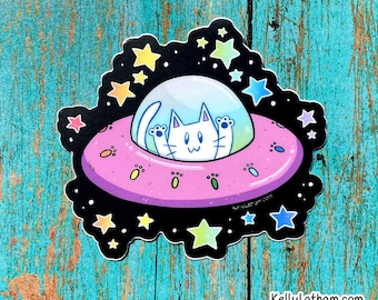 UFO Cat Vinyl Sticker, Alien Kitty, Laptop, Water Bottle