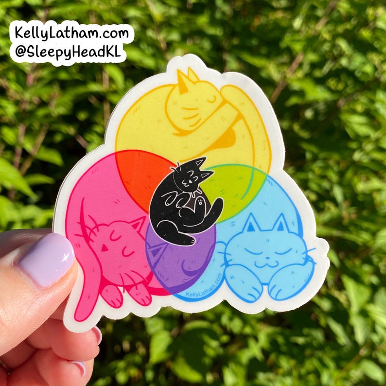 May include: A sticker featuring four cats in a circle, each cat is a different color: yellow, pink, purple, and blue. The cats are all sleeping and curled up. The sticker has the text "KellyLatham.com @SleepyHeadKL" at the top.