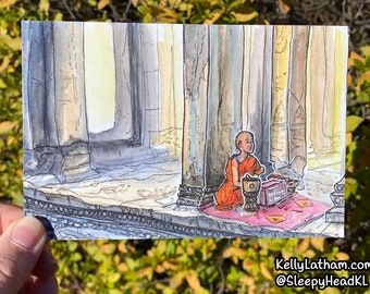 Angkor Wat Temple Monk Wall Art Postcard Watercolor Painting, Siem Reap Cambodia Asia Gift for Traveler Cute