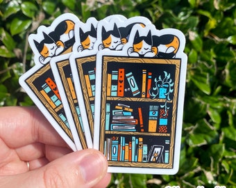Bookish Calico Cat Vinyl Sticker, Reading Nook Decal