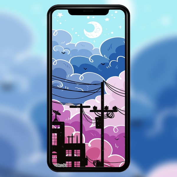 Lofi Chill Starry Night Sky Phone Background Wallpaper, Instant Download, Cute Kawaii Blue Purple Pink Whimsical Aesthetic Digital Wallpaper