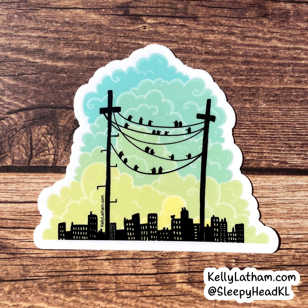 Power Line Stickers Birds on Power Lines Sticker, Colorful Sky Cityscape Vinyl Sticker ...