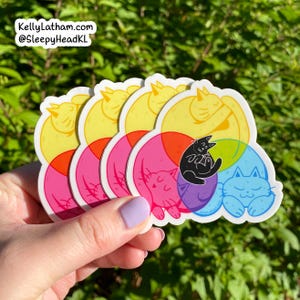 May include: Five colorful stickers featuring cats in various poses. The stickers are layered on top of each other, creating a layered effect. The cats are depicted in a variety of colors, including yellow, pink, purple, and blue. The stickers are perfect for adding a touch of whimsy to any surface.