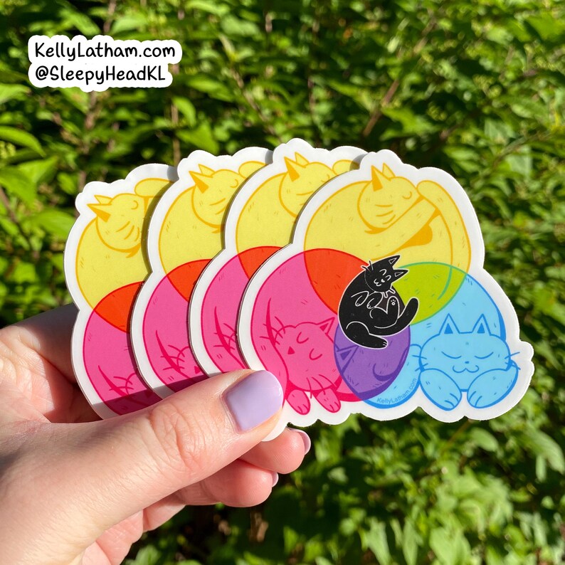 May include: Five colorful stickers featuring cats in various poses. The stickers are layered on top of each other, creating a layered effect. The cats are depicted in a variety of colors, including yellow, pink, purple, and blue. The stickers are perfect for adding a touch of whimsy to any surface.